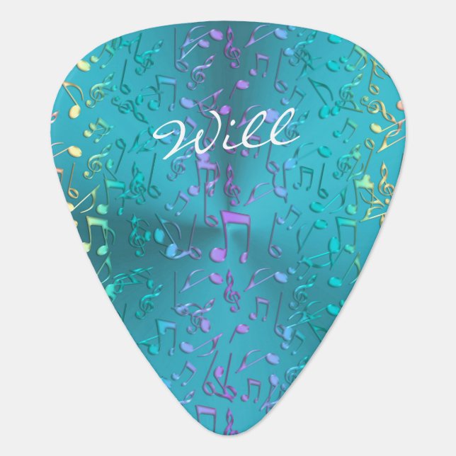 Metallic Turquoise with Colorful Music notes Guitar Pick (Front)