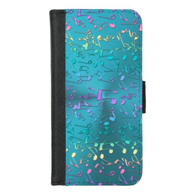 Metallic Turquoise with Colorful Music Notes iPhone Wallet Case (Front)