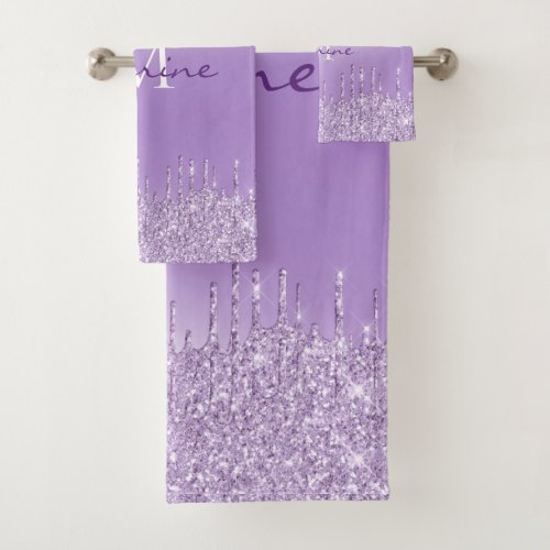 Metallic Violet Purple Dripping Glitter Monogram Bath Towel Set