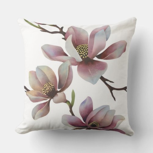 Metallic Watercolor Magnolias Throw Pillow