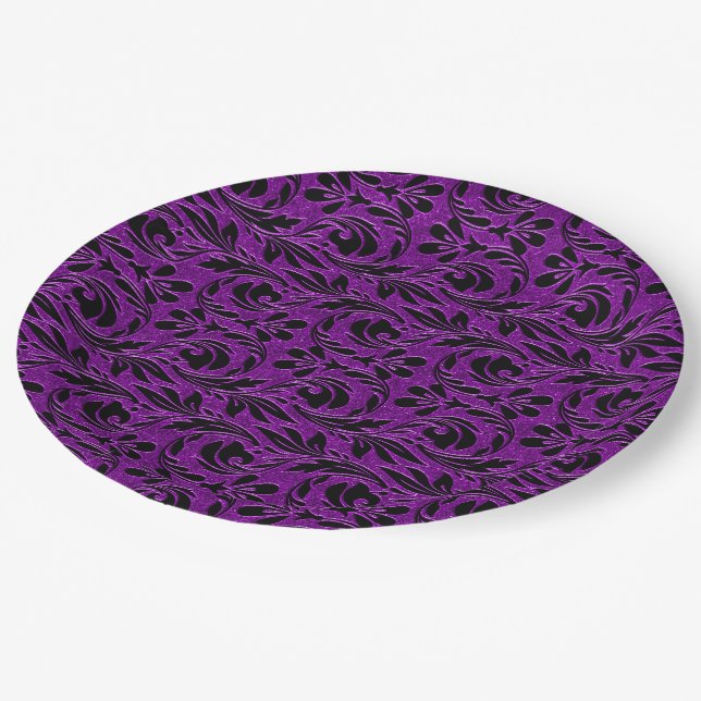Metallic Waves-Purple-Black-PAPER PARTY PLATES (Angled)