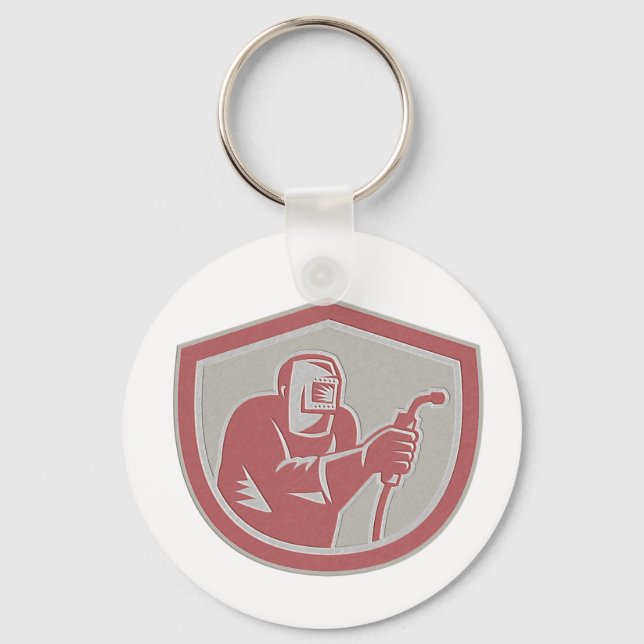Metallic Welder Worker Holding Welding Torch Shiel Keychain (Front)