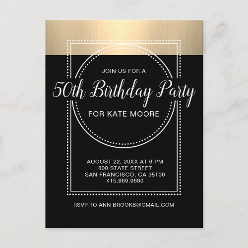 Metallic White Gold On Black 50th Birthday Invitation Postcard