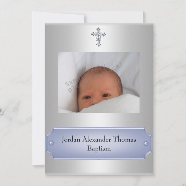 Metallic White Photo Frame Cross Baptism Blue Invitation (Front)