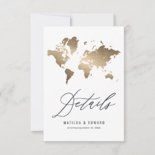 Metallic world map wedding details card