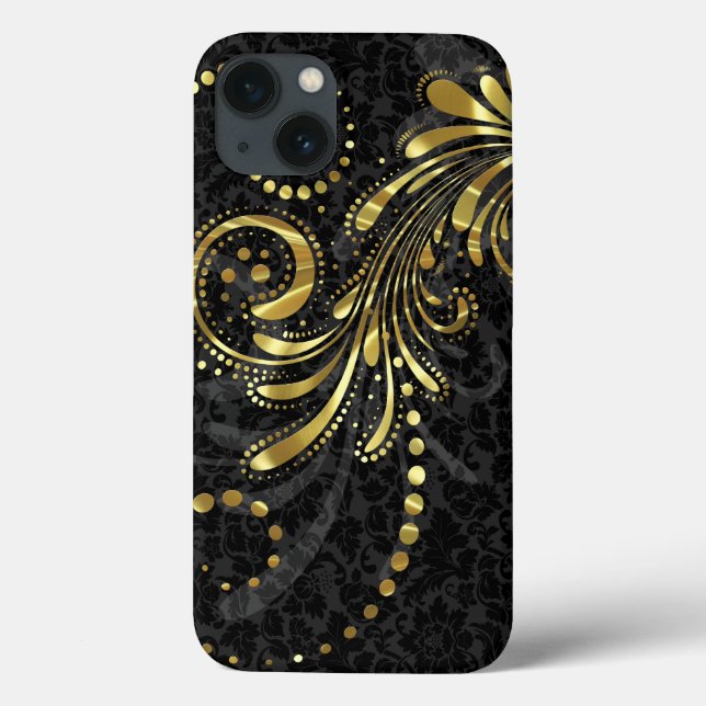 Metallic Yellow Gold Floral Swirl On Black Damasks Case-Mate iPhone Case (Back)