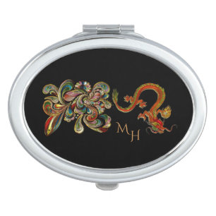 Metallized Ornate Chinese Dragon Art Monogram Compact Mirror