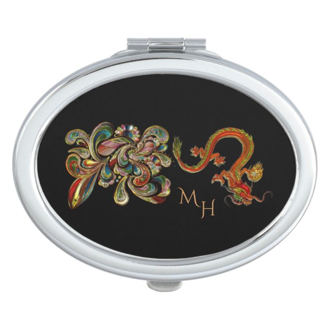 Metallized Ornate Chinese Dragon Art Monogram Compact Mirror (Front)
