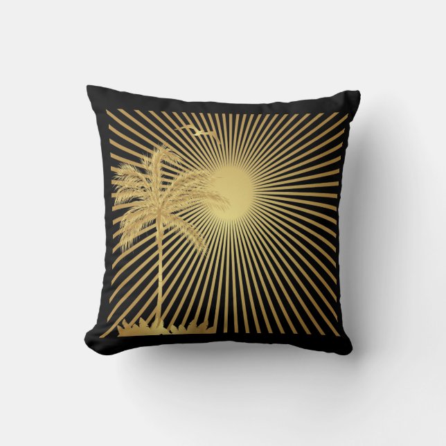 Metalllic Gold Palm Tree, Sun and Bird Pillow (Front)
