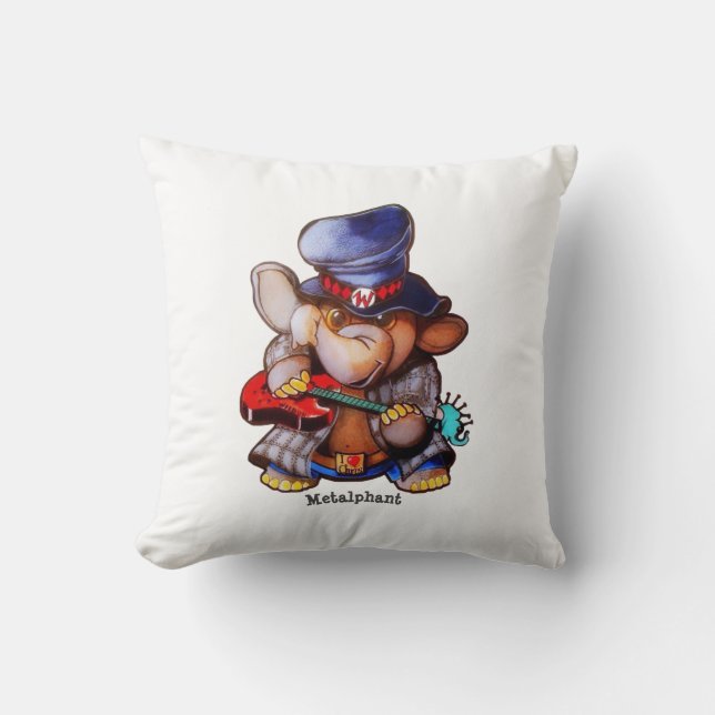 Metalphant with Guitar & Logo - White Throw Pillow (Front)