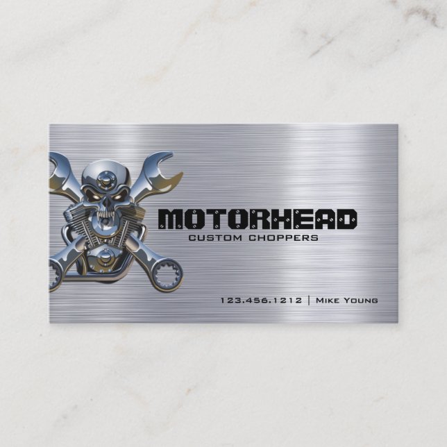 Metalwork Skull and Wrench on Brushed Aluminum Business Card (Front)