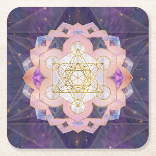 Metatron's Cube in Gemstone lotus Square Paper Coaster
