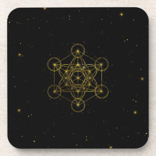 Metatron's Cube Sacred Geometry Black and gold Beverage Coaster