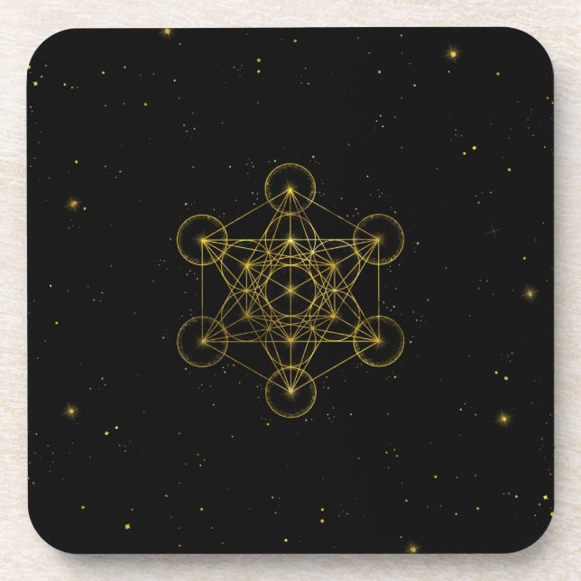 Metatron's Cube Sacred Geometry Black and gold Beverage Coaster (Front)