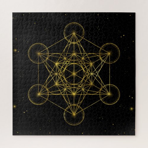 Metatrons Cube Sacred Geometry Black and gold Jigsaw Puzzle