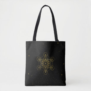 Metatron's Cube Sacred Geometry Black and gold Tote Bag