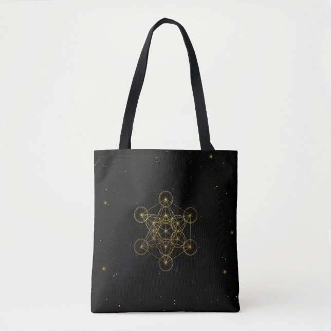 Metatron's Cube Sacred Geometry Black and gold Tote Bag (Front)