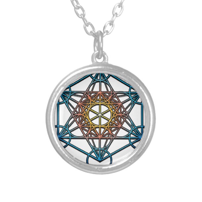 Metatron's Cube(yellow orange blue gradient)Symbol Silver Plated Necklace (Front)
