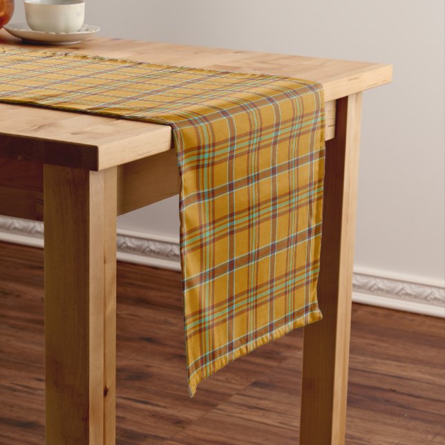 Meteor Orange and Puerto Rico Light Blue Plaid Short Table Runner (In Situ)