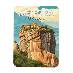 Meteora Greece Illustration Travel Art Vintage Magnet