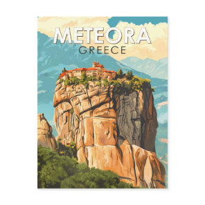 Meteora Greece Illustration Travel Art Vintage Postcard