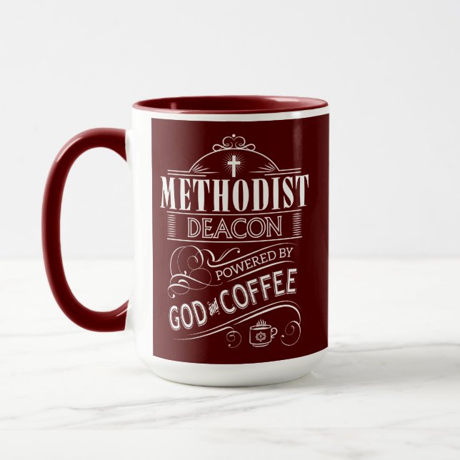 Methodist Deacon, powered by God and Coffee Mug (Left)