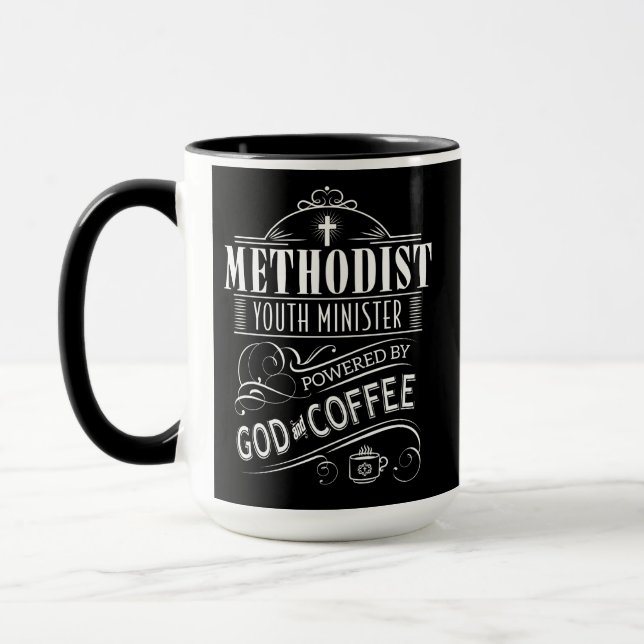 Methodist Youth Minister, powered by God & Coffee Mug (Left)