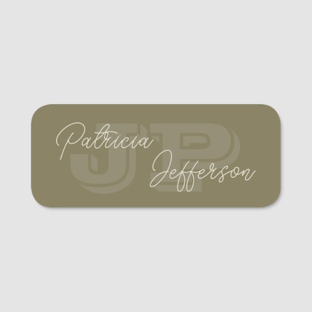 Meticulous Loden Green Grey Monogram Professional Name Tag (Front)