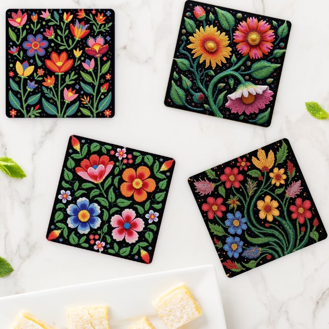 Métis Beadwork Floral Folk Art Glass Coaster 4-Set Set (Creator Uploaded)