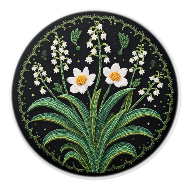 Metis Beadwork Floral Lily Native Art Ceramic Knob (Front)