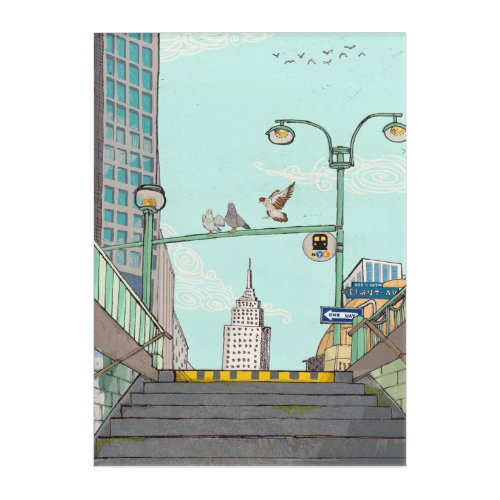 Metro Stop Manhattan NYC Whimsical Illustration Acrylic Print