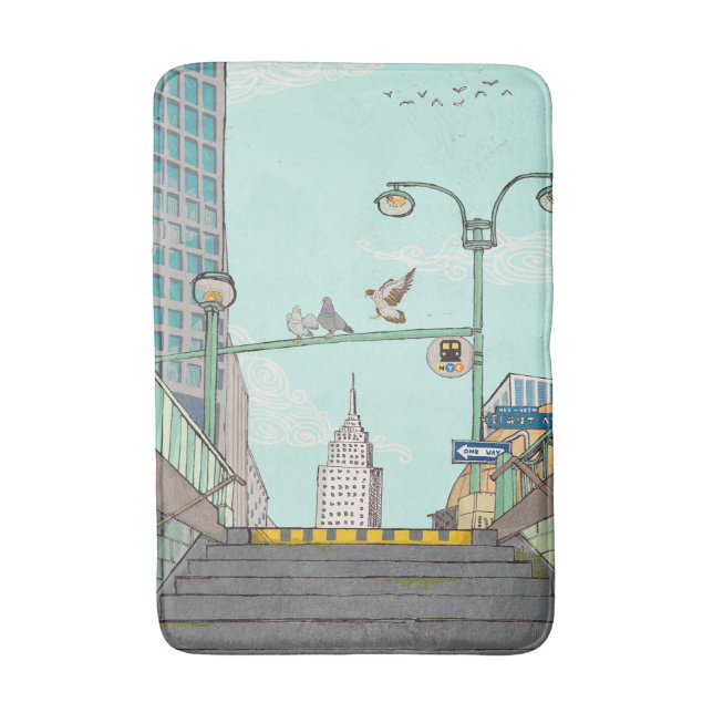 Metro Stop Manhattan NYC Whimsical Illustration Bath Mat (Front Vertical)