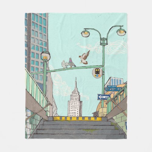 Metro Stop Manhattan NYC Whimsical Illustration Fleece Blanket