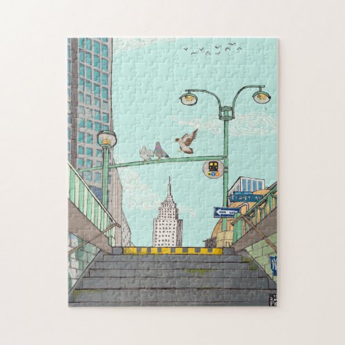 Metro Stop Manhattan NYC Whimsical Illustration Jigsaw Puzzle