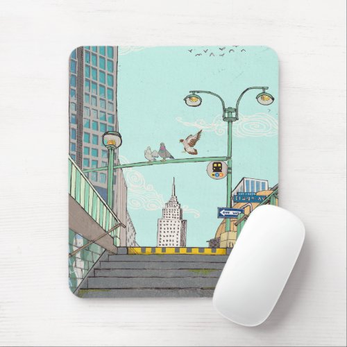 Metro Stop Manhattan NYC Whimsical Illustration Mouse Pad