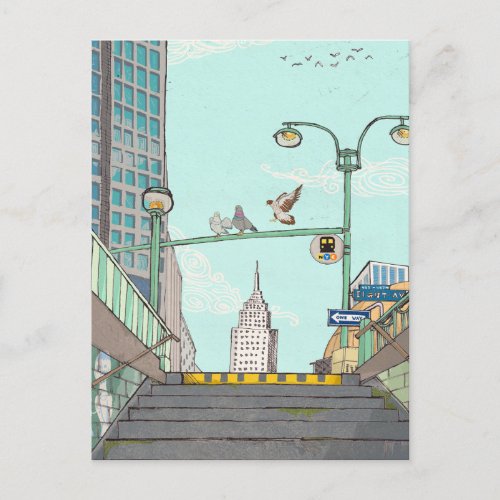 Metro Stop Manhattan NYC Whimsical Illustration Postcard