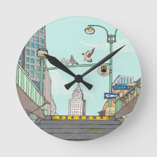 Metro Stop Manhattan NYC Whimsical Illustration Round Clock