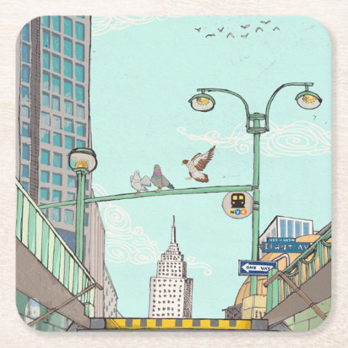 Metro Stop Manhattan NYC Whimsical Illustration Square Paper Coaster