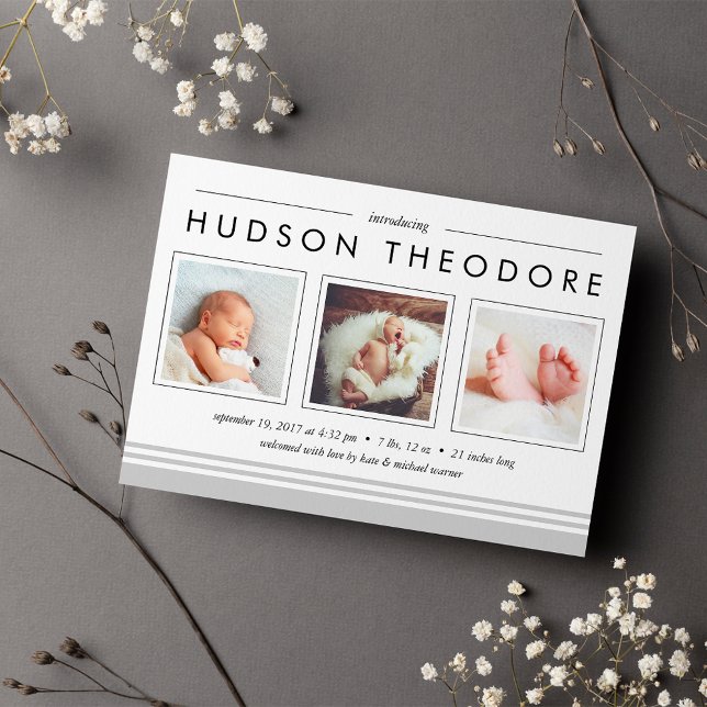 Metro Stripe Birth Announcement | Gray (Creator Uploaded)