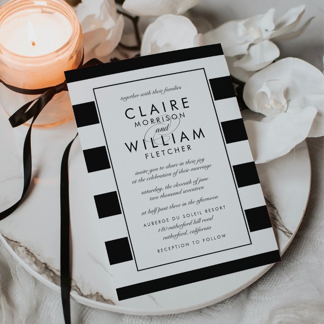 Metro Stripe | Black & White Stripe Wedding Invitation (Creator Uploaded)
