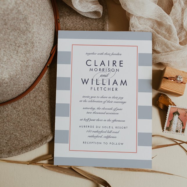 Metro Stripe Wedding Invitation | Coral and Gray (Creator Uploaded)