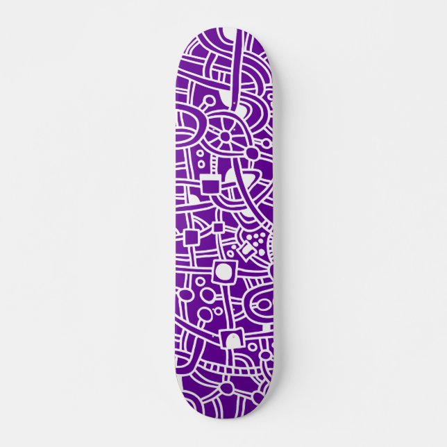 Metropolis II - White on Purple Skateboard Deck (Front)