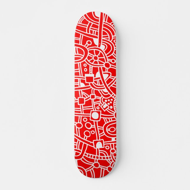 Metropolis II - White on Red Skateboard Deck (Front)