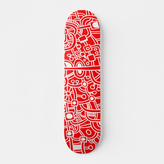 Metropolis III - White on Red Skateboard Deck (Front)
