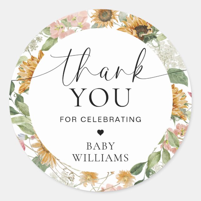 Mews Sunflower Fall Baby Shower Thank You Favor Classic Round Sticker (Front)
