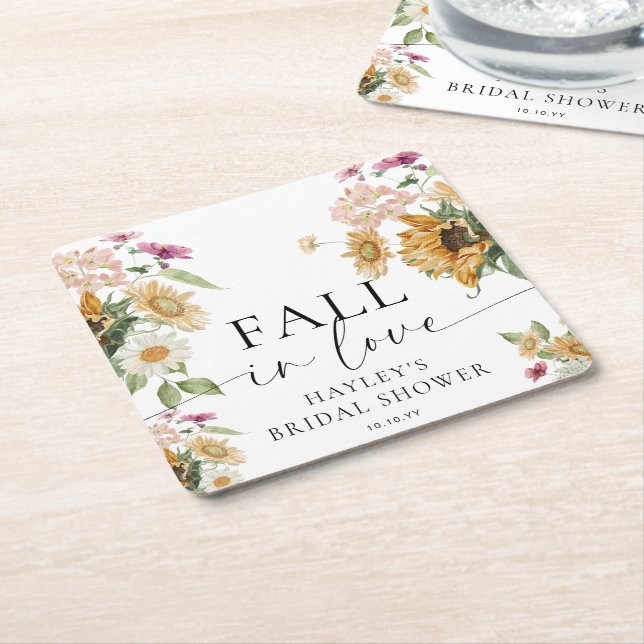 Mews Sunflower Fall In Love Autumn Bridal Shower Square Paper Coaster (Angled)