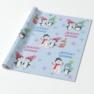Mewwwy Kissmas Penguins Snowmen and Snowflakes Wrapping Paper