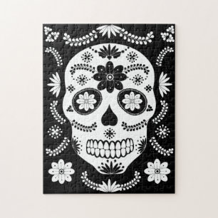 Mexica Sugar Skull 2 Black And White Jigsaw Puzzle