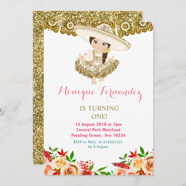 Mexican 1st Birthday Invitation Gold (Front/Back)