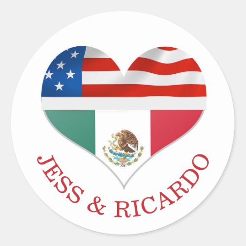 Mexican  American Flags Hearts wedding  Classic Round Sticker